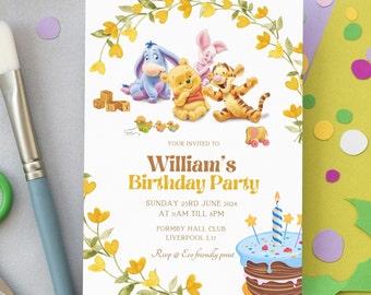 Winnie The Pooh 1st Birthday Invitation Template, Winnie The Pooh First Birthday Invite Instant Download, Pooh Bear Birthday Invitation YP