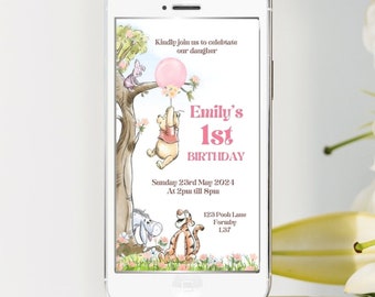 Editable Pooh Bear Birthday Evite Girl Winnie The Pooh Invitation Phone Digital Electronic Canva Template PPB