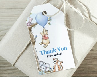Etichette regalo di Winnie the Pooh, etichette di ringraziamento per compleanno con palloncini blu (modello digitale)