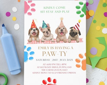 Plantilla editable para invitación de fiesta de cumpleaños de cachorros (descarga digital)