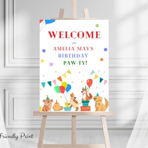 Placa de boas-vindas para aniversário de filhote: decoração para festa com tema de patas (download digital editável)