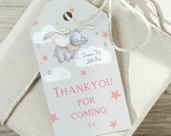 Editable Dumbo Favor Tags Dumbo Gift Tag Instant Download Dumbo Thank you Tags Dumbo Baby Shower Party Supplies Pink Dumbo Tags PDB