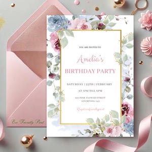 Floral Birthday Party Invitation, Editable Birthday Party Invite, Printable Template Instant Download