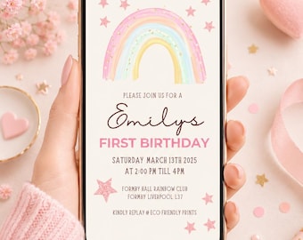 Rainbow Electronic Birthday Invitation, Girl Rainbow Phone Party Evite, Instant Download, Text Message, Smartphone Invite.