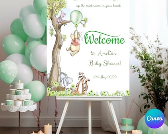Placa de boas-vindas para chá de bebê com tema do Ursinho Pooh: Decoração com balões verdes (Modelo para impressão em tela) #PGB