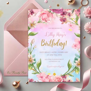 Invito per festa di compleanno floreale rosa, invito di compleanno floreale, qualsiasi età, da donna, rosa cipria, modello modificabile fai da te, download immediato, PF1