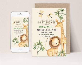 Editable Oh Boy Safari Baby Shower Invitation, Jungle Baby Shower Invite, Greenery Jungle Safari Animals Invitation, Printable Template