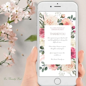 Modèle électronique de carte de remerciement pour funérailles numérique, carte de remerciement floral rose pour téléphone portable, remerciement commémoratif sans papier