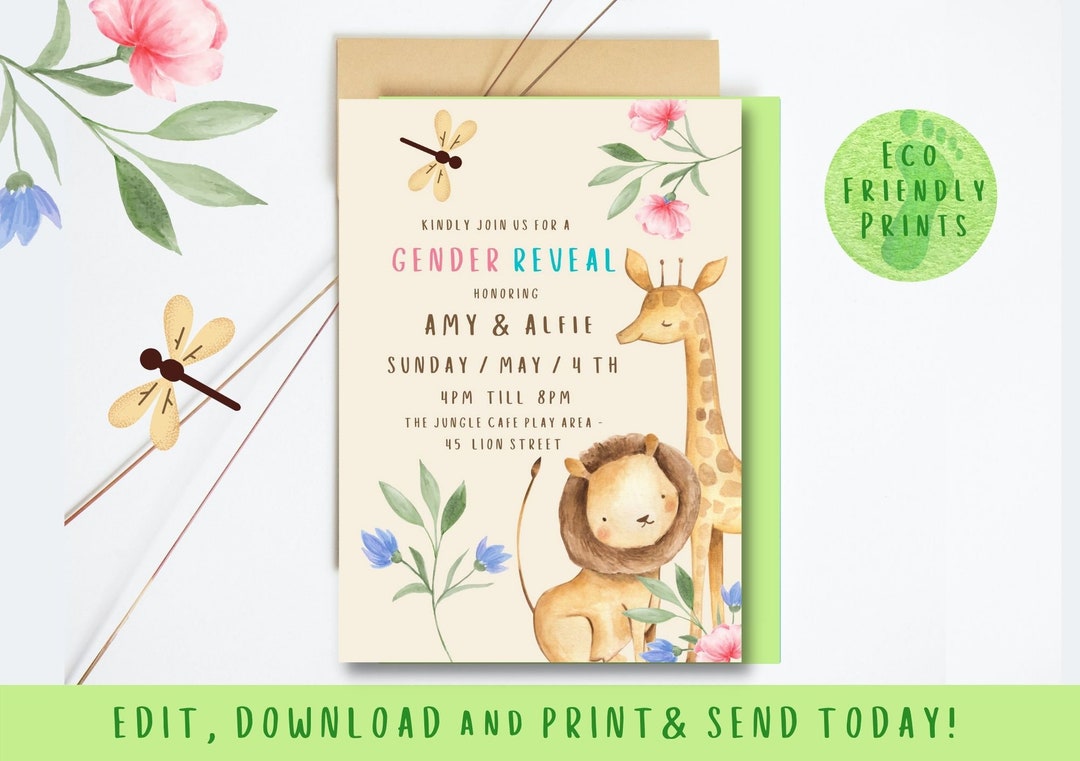 Safari Gender Reveal Invitation Jungle Gender Reveal Party Etsy