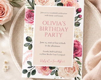 Floral Birthday Invitation Template | Editable Pink Rose Birthday Party Invite | Watercolor Floral Birthday Invitation | Instant Download RB