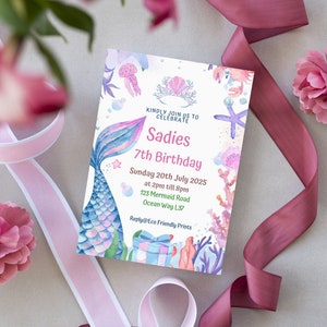 Sirena editable bajo el mar 1er cumpleaños invitación púrpura rosa oro caprichosa sirena bajo el mar 1er cumpleaños Descarga instantánea