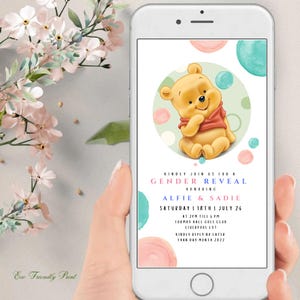 Editable Winnie The Pooh Gender Reveal Evite Boy or Girl Pooh Bear Invitation Phone Digital Electronic Canva Template PR
