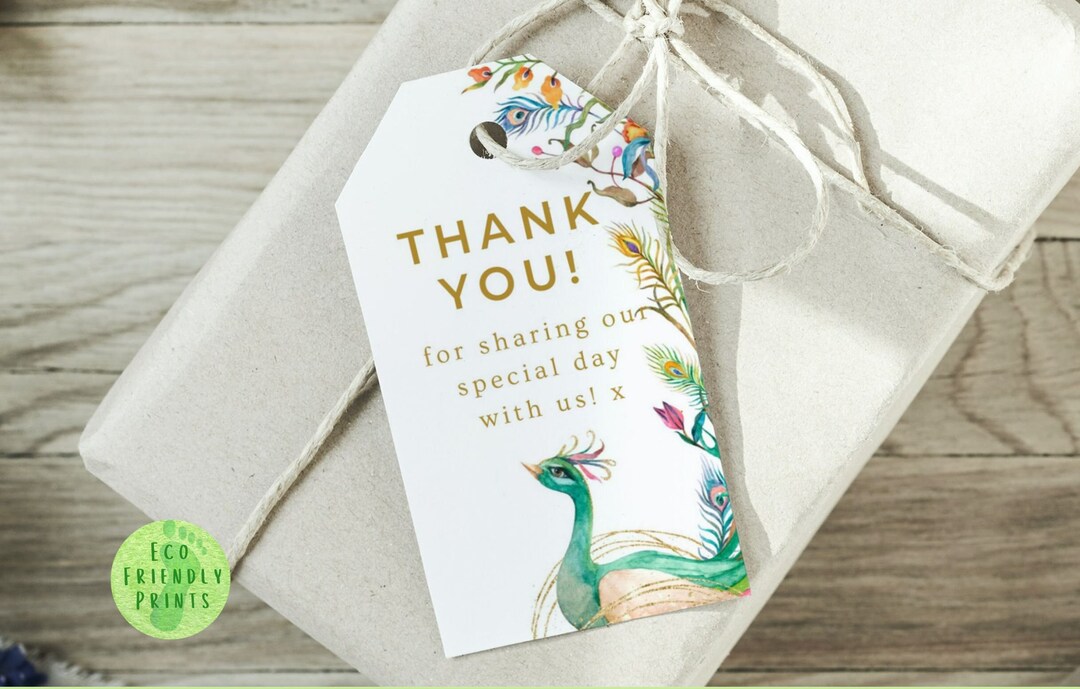 Peacock Favor Tags Editable Bridal Shower Thank You Party Tag Template Emerald Green and Gold ...