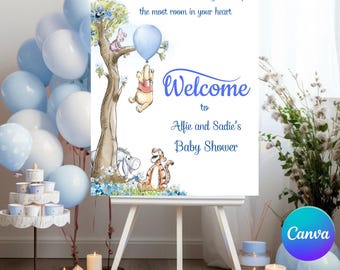 Cartello di benvenuto per baby shower a tema Winnie the Pooh modificabile (modello Canvas) PBB