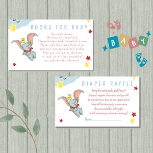 Dumbo Books for Baby & Diaper Raffle Card Inserts, Dumbo Card Inserts, Printable Dumbo Gender Neutral Baby Shower Card Insert FDB