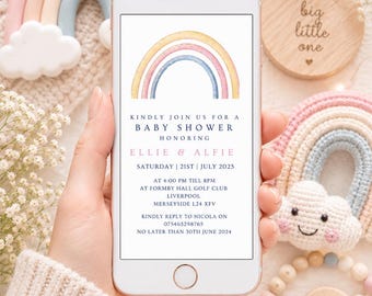 Regenbooguitnodiging babyshower, kleurrijke e-vite (digitale download)