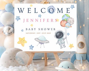 Outer Space Welcome Sign, First Trip around the sun birthday party, Printable first birthday party decor, Planets, Digital