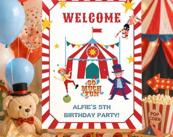 Vorlage für ein Willkommensschild zum Zirkusgeburtstag | Willkommensplakat für Karnevalspartys | Bearbeitbares Canva-Eingangsschild für den Zirkus zum Download