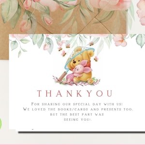 Winnie The Pooh Thank You Card, Tent and Flat Thank You, Winnie Pooh Pink Floral , Classic Pooh Baby Shower Thank You, Template, FP