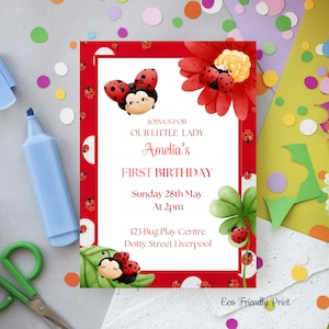 Lady Bug First Birthday Invitation, EDITABLE Digital Invitation, Little Lady bug Birthday Party, Spring Party Invite, Instant Download