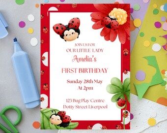 Lady Bug First Birthday Party Editable Printable Invitation, LadyBug Girl 1st Birthday Spring Red Black Theme, Instant Digital Download File
