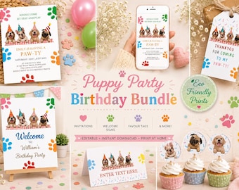 Puppy Party Birthday Bundle, Dog Birthday Invitation, Editable Canva Template, Printable Digital Download