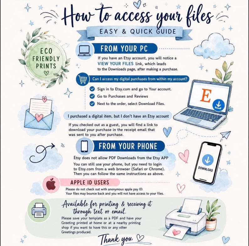 May include: An instructional infographic titled How to access your files with watercolor illustrations of a laptop, smartphone, printer, and envelope. It provides step-by-step text guidance for downloading digital purchases from Etsy via PC or phone.