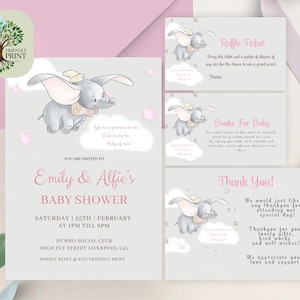 Dumbo-Babyparty-Einladungs-Bundle, Storch-Babyparty-bearbeitbares Einladen, druckbar oder digital, Elefanten-Mädchen-Dusche einladen, PDB