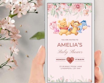 Pooh Bear elektronische babyshower uitnodiging, meisje Winnie de Pooh telefoon feestavond, instant download, sms, smartphone uitnodigen, FP