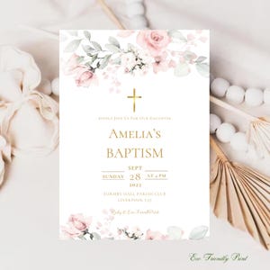 Plantilla de invitación de bautismo, plantilla de invitación de bautismo rosa, invitación de bautizo, tarjeta de invitación de bautismo rosa, invitación de bautismo de niña