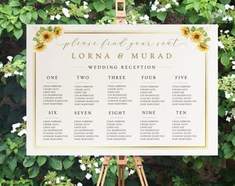 Plano de asientos editable para boda con girasoles: Fiesta rústica en el jardín con flores (descarga digital)