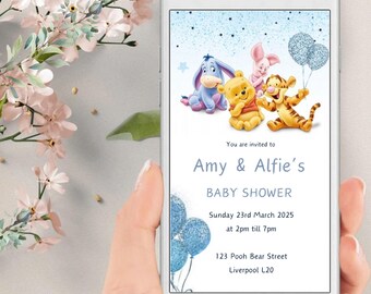Pooh Bear Electronic Birthday Invitation, Boy Winnie The Pooh Phone Party Evite, Instant Download, Text Message, Smartphone Invite, PBB
