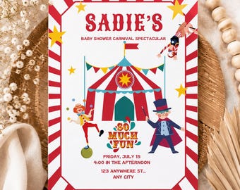 Circus Baby Shower Invitation, Carnival Baby Shower Boy Girl Invite, Vintage Circus Baby Shower with Elephant, Printable
