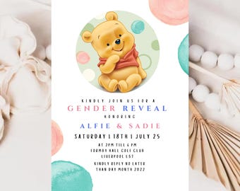 Winnie The Pooh Gender Reveal Invitation: Boho Bear, Editable (Digital Download) #WPR