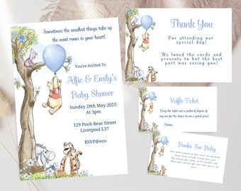 Inviti per baby shower a tema Winnie the Pooh, decorazioni per baby shower a tema orsetto Pooh, baby shower per maschietto, modello Canva modificabile PBB