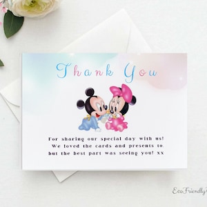 Carte de remerciement modifiable Mickey ou Minnie Gender Reveal, carte de remerciement Gender Reveal, mot de remerciement Reveal, modèle imprimable MM1