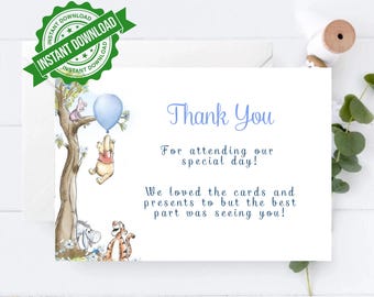 Classic Winnie the Pooh Thank You Card Boy Blue Balloon Invite Printable Editable Template Digital or Printed Invites, #PBB