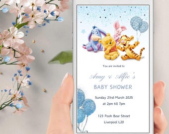 May include: A digital baby shower invitation displayed on a smartphone screen featuring Winnie the Pooh, Piglet, Eeyore, and Tigger. The text reads: You are invited to Amy & Alfie's BABY SHOWER, Sunday 23rd March 2025 at 2pm till 7pm, 123 Pooh Bear Street, Liverpool L20.