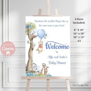 Editable Winnie The Pooh Welcome Sign Pooh Baby Shower Boy Blue Classic Winnie The Pooh Party Decor Canva Template Printable PBB