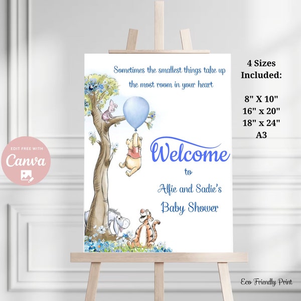 Editable Winnie The Pooh Welcome Sign Pooh Baby Shower Boy Blue Classic Winnie The Pooh Party Decor Canva Template Printable PBB