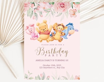 Winnie the Pooh Birthday Invitation Girl, Classic Winnie the Pooh First Birthday Invite, Digital Evite, Girl First Birthday Digital File FP
