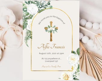 Greenery Baptism Invitation, Christening Invitation Template, Eucalyptus Greenery and Gold Christening Invitation Printable Baptismal Invite
