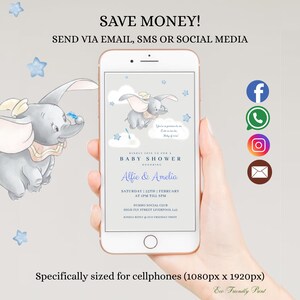 Dumbo Electronic Baby Shower Invitation, Boy Blue Dumbo Phone Shower Evite, Instant Download, Text Message, Smartphone Invite, BDB