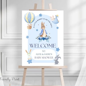 Peter Rabbit Baby Shower Welcome Sign, Editable Baby Shower Sign, Peter Rabbit Decorations,  Blue Peter Rabbit Baby Shower
