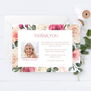 Modèle de carte de remerciement pour les funérailles Modèle commémoratif de notes de remerciement avec fleur rose poudré Modèle sur toile modifiable imprimable #RB