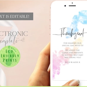 Modèle de carte de remerciement électronique sexe révélé en téléchargement numérique modifiable, carte électronique de remerciement aquarelle Splash, note de remerciement sans papier