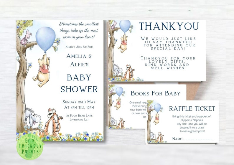 Editable Winnie the Pooh Baby Shower Evite Boy Blue Balloon Classic Winnie the Pooh Invitation
