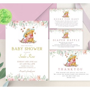 Faire-part Winnie l'ourson, baby shower fille ourson, tombola de couches, demande de livre, carte de remerciement, modèles modifiables, #FP