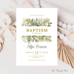Greenery Baptism Invitation Template, Green & Gold Baptism Invitation, Editable Baptism Invitation, Boy Baptism Invitation, Green Baptism