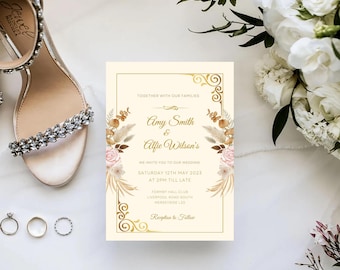 Boho Blush Pink Birthday Invitation Template, Floral Birthday Invites, Printable Elegant Dusty Rose Pampas Birthday Invitation, Download